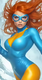 the woman wearing an aqua suit has long hair and wears a pair of blue leather masks