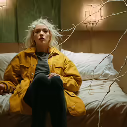a person sitting on a bed with light colored clothes