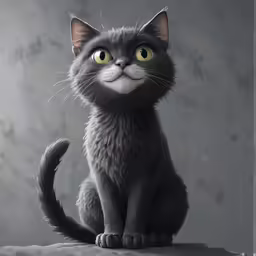 a gray kitten with yellow eyes sits down looking into the camera