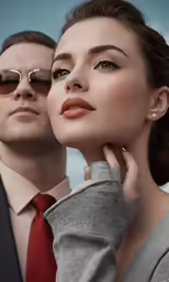 a woman with dark glasses and a man in suit and tie