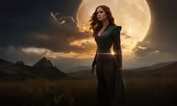 woman standing in grass beneath a very large moon