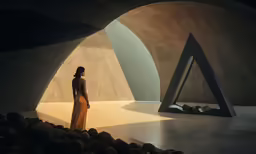 the woman in yellow dress stands near two large structures