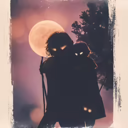 a man holding the back of a woman under a huge full moon