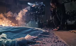 the man is laying down with his foot up