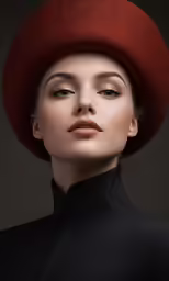 a woman wearing a black top and a red hat