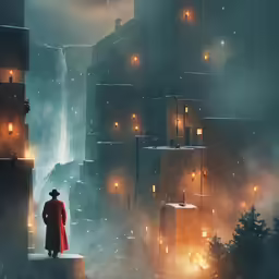 a man in red coat and cape standing at a stairway