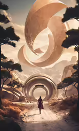a digital painting with a woman walking in front of an intertwined circular tunnel