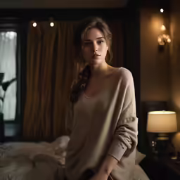 a woman standing in a dark bedroom near the bed