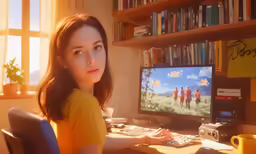 a woman in a yellow shirt looks up from her computer screen