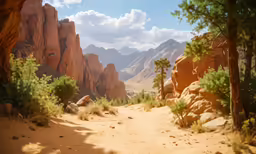 a narrow dirt road running between mountains