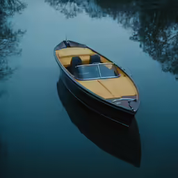 a small wooden boat with a motor, on a river