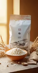 white rice is scattered on the table and sits in a bowl