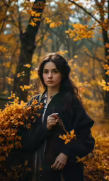 woman in a wooded area surrounded by fallen leaves