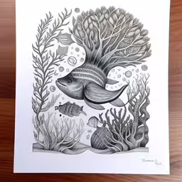 a black and white fish in the water by itself,a drawing of a fish surrounded by corals and other marine creatures
