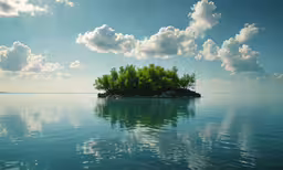 an island is surrounded by vegetation on the water