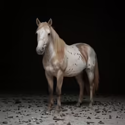 a horse standing on a black floor covered in mud