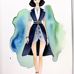 a drawing of a female in a blue dress