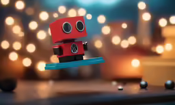a small red robot toy is on a piece of blue