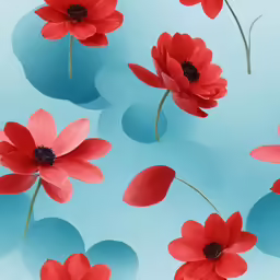 three different flower images, one in red and one in blue