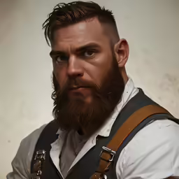 a man with a large beard wearing suspenders