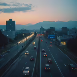 a busy highway with cars at dusk on the road