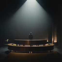 a person sitting on a stage with spotlights above