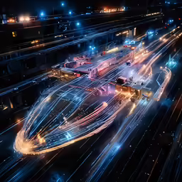 two trains are traveling down the tracks at night