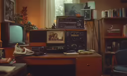 two different tvs and stereo are stacked up on a desk