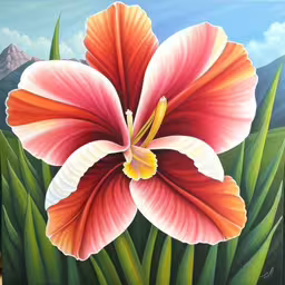 painting of large red and white flower with a mountain in the background,a painting of a flower with mountains in the background,a painting of a flower is in the foreground,an image of a painting with colorful flowers,a painting of a pink flower with red tips