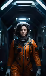woman in astronaut suit standing inside an open space station