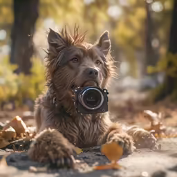 a dog is laying down and holding a camera