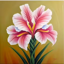 there is an image of a flower with a brown background,a large flower is painted in a small, bold style,a painting of a flower on a brown background,a painting of pink flowers is on a yellow background,a painting of a pink flower on a yellow background
