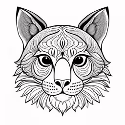 a cat with an intricate head and long hair,a black and white drawing of a cat