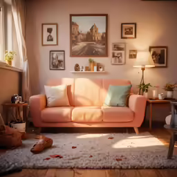 a living room with a pink sofa and chair