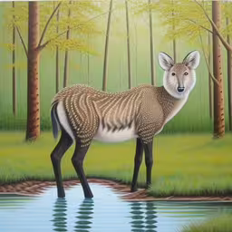 a painting of a deer by the water,a deer drinking water by some trees,a painting of a deer is in the grass,a deer that is standing in the water,a painting shows an image of an animal by a pond