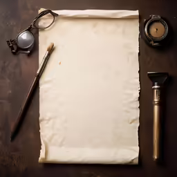 an old paper with a vintage compass, pocket watch and telescope