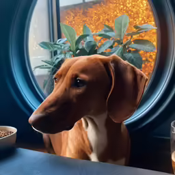 a dog looks out the window from an outdoor cafe