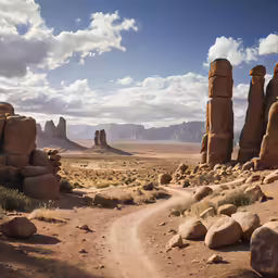 there is rock formations and bushes in the desert