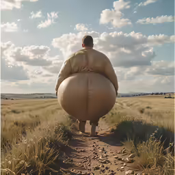 man walks down a dirt road in the middle of a field