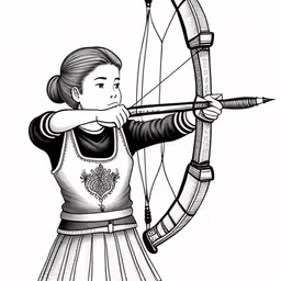 a girl wearing an apron aiming with her bow,an asian girl is shooting a bow with a rifle,an ink drawing of a girl wearing an apron and holding a bow,a drawing of a woman holding a bow and arrow,a girl in an apron is aiming at a bow