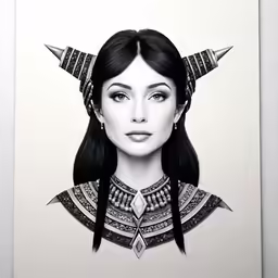an illustration with long black hair and horns on it