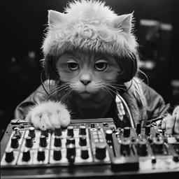 the kitty is playing the mixer board with ears