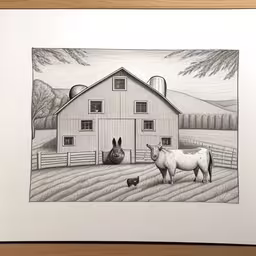 a drawing of a farm with animals by a barn