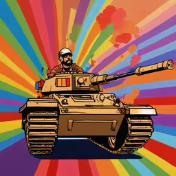 a tank with a man on top driving,the man sitting on top of a tank