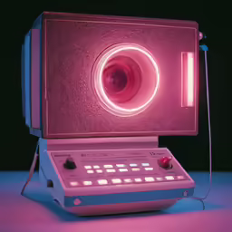 an electronic device on display with purple lights in front