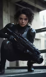 a woman with an automatic rifle, crouching down