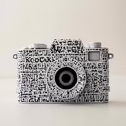 a white and black camera sitting on top of a counter