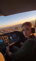 a woman is sitting in an airplane with a headset and looking at the camera