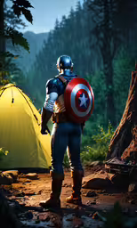 a captain america outfit in the woods by some tents,a person standing next to a tent while holding a captain america shield