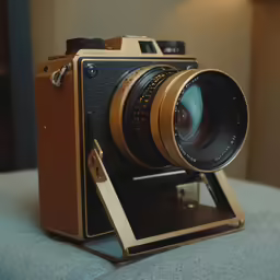 an old fashioned film camera with its hood up